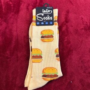 Into Socks Hamburger Eat Me Graphic Crew Socks Yellow‎ Mens Size 7-12 S2ZSC025